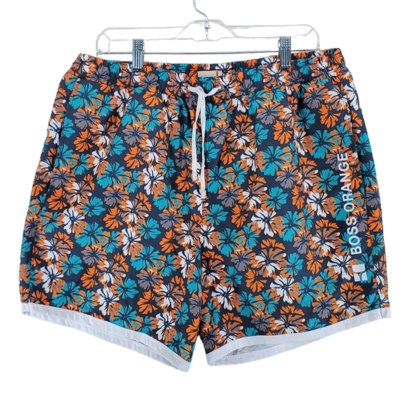 Hugo Boss Orange Shorts Swim Trunks Mens XL Gray Blue Floral Drawstring Unlined - Picture 1 of 12